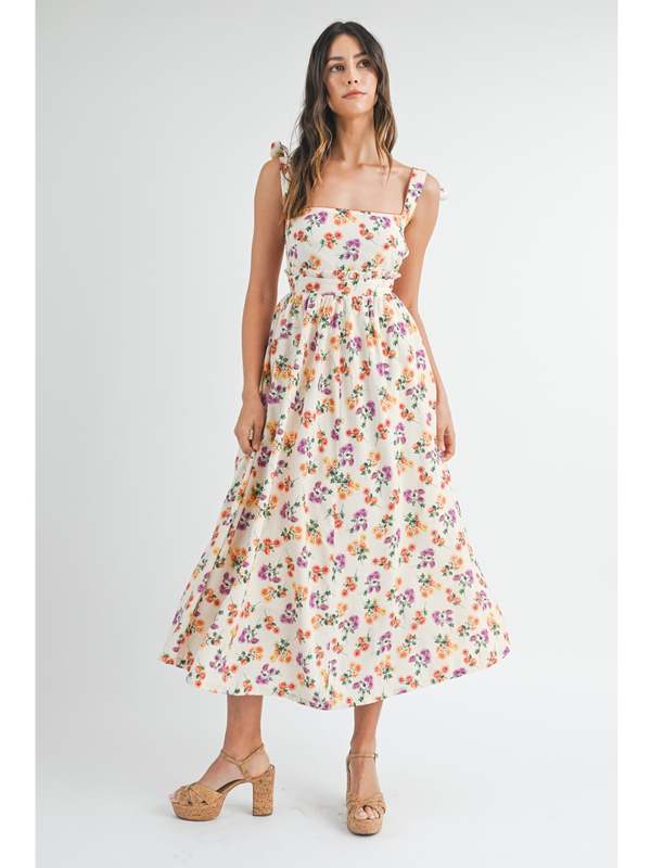 MABLE Floral Print Bustier Back Lace Up Midi Dress main image 1