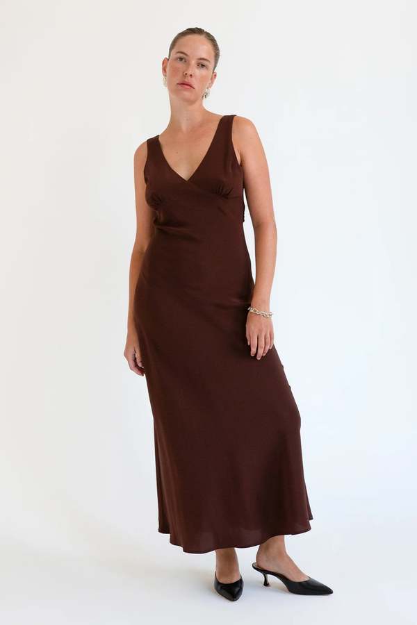 Olga Joan Plunge bias dress - BROWN