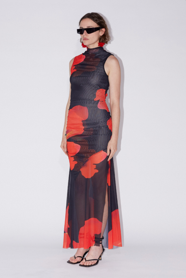 Floral Printed Mesh Dress, Black/Red | Garmentory