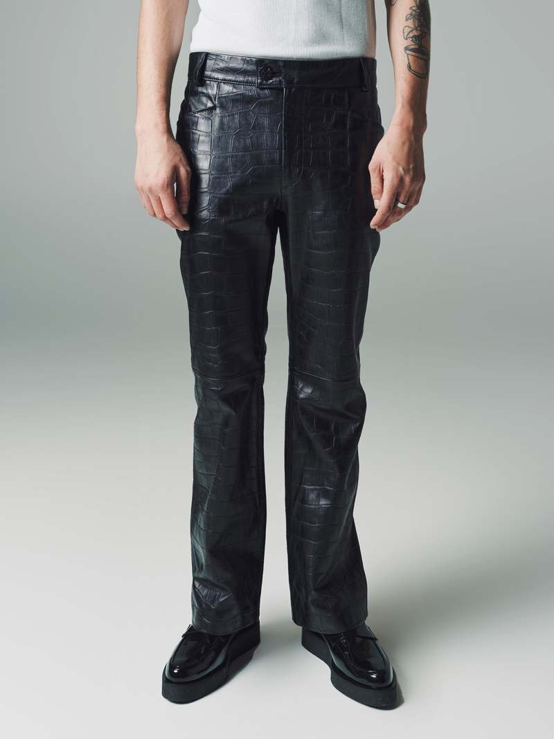 Ernest W. Baker Leather Crocodile Embossed Flare Trousers