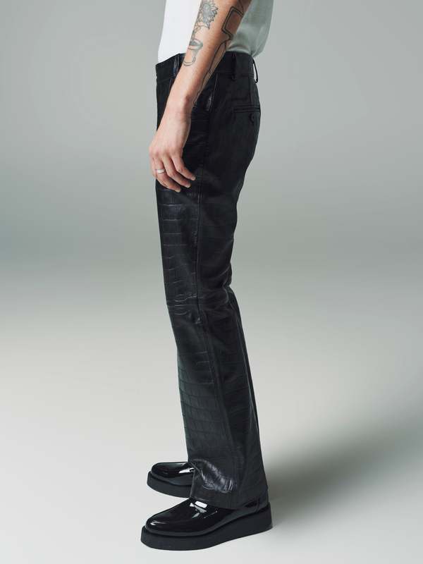 Ernest W. Baker Leather Crocodile Embossed Flare Trousers - Black