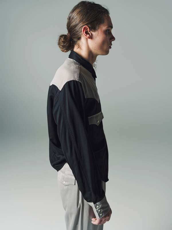 The Letters Rayon Gabardine Western Short Shirt - Black/Greige
