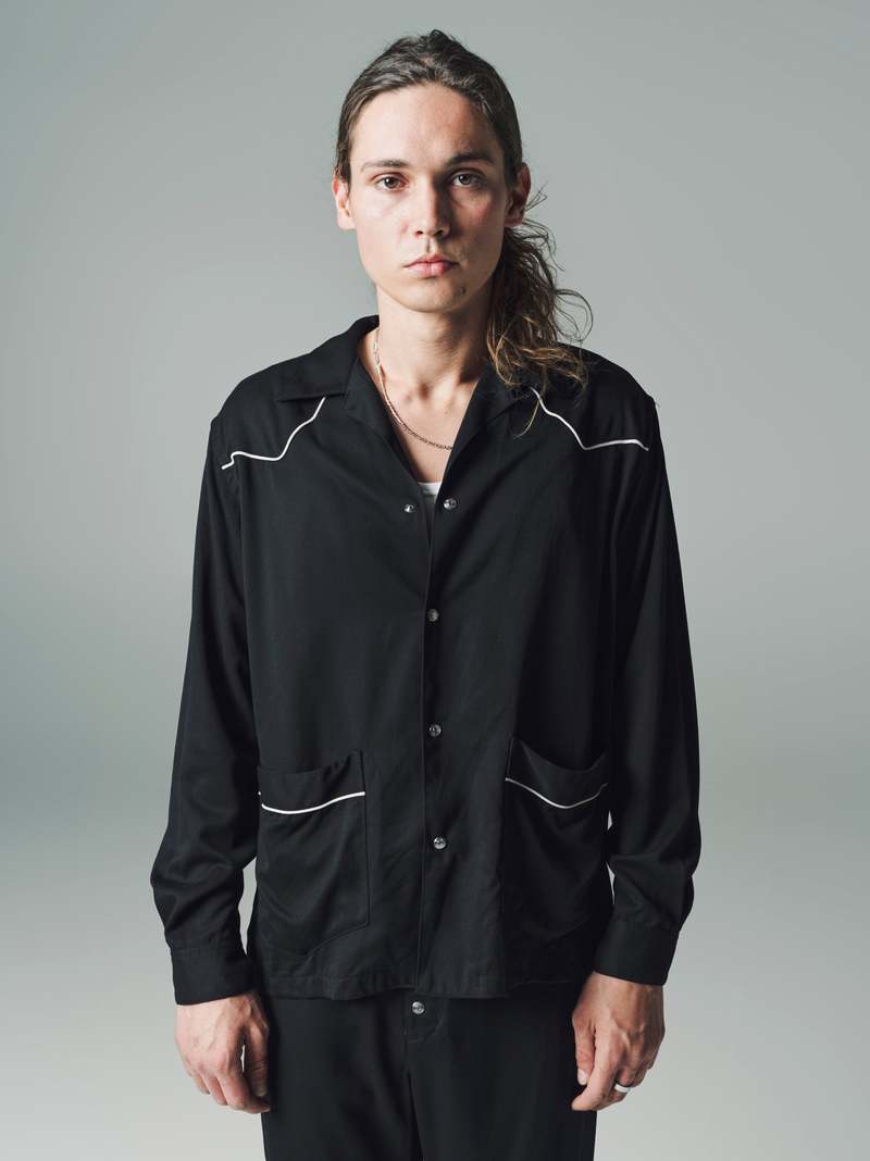 The Letters Rayon Gabardine Western Pajama Shirt - Black | Garmentory