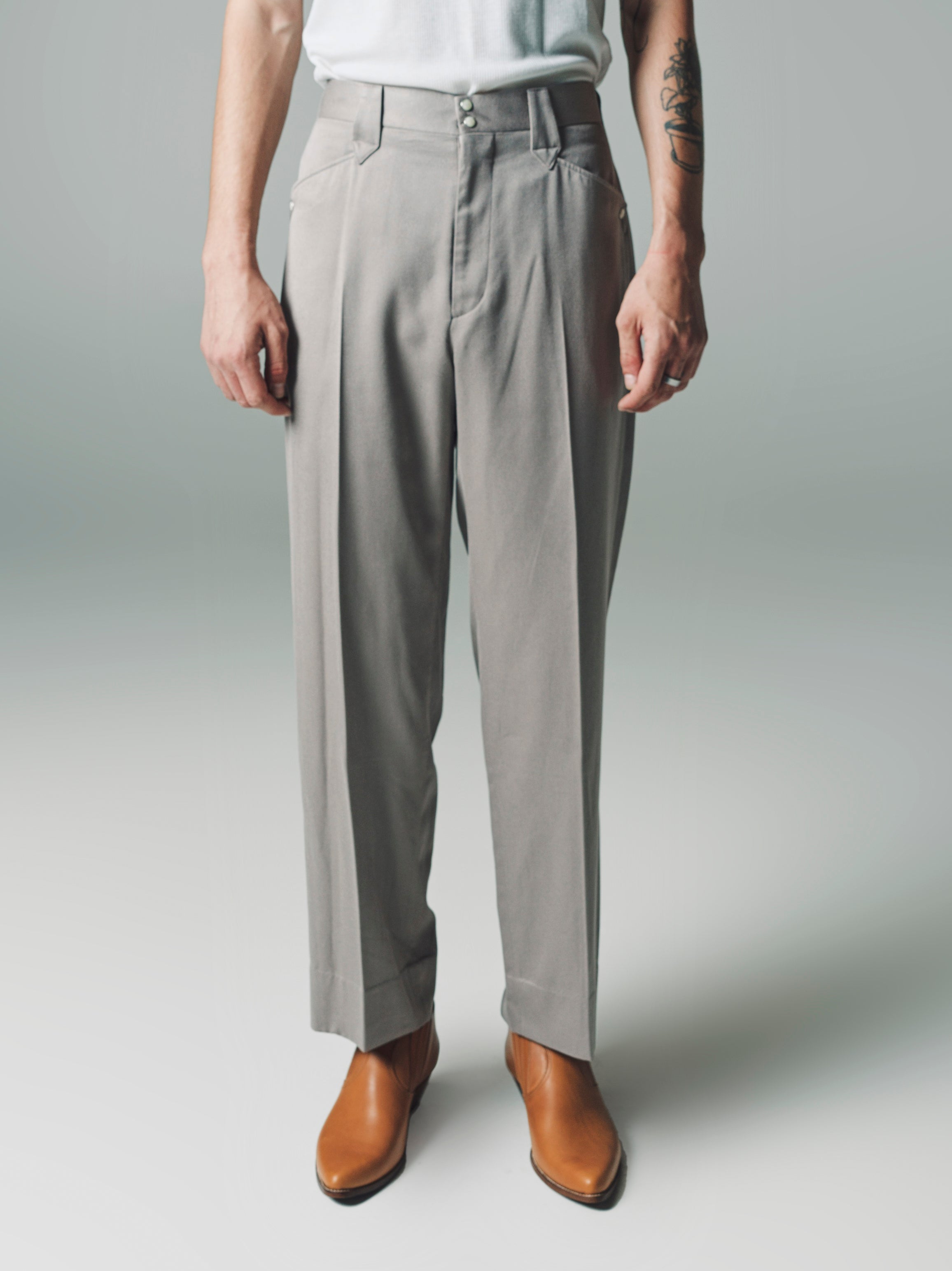 The Letters Rayon Gabardine Western Wide Trousers - Greige 