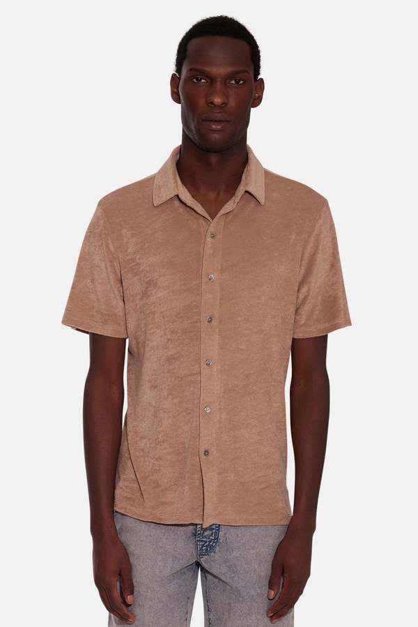 Blue&Cream Pool Terry Short Sleeve Buttondown - Camel