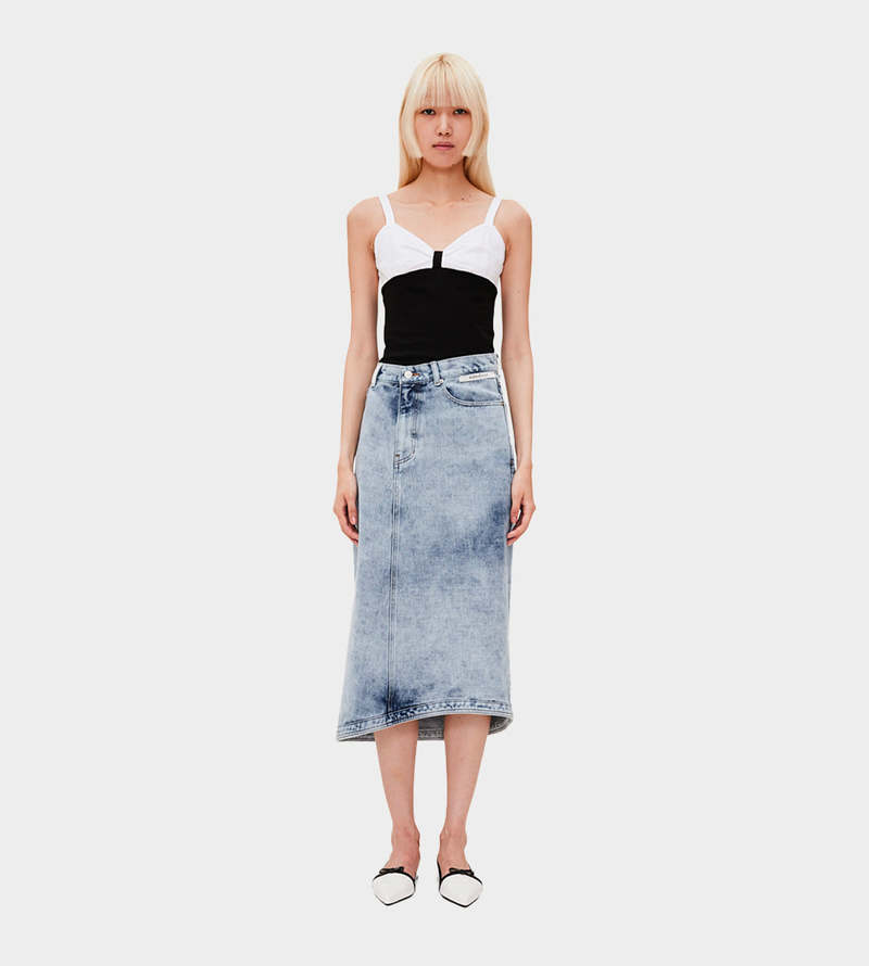 ☆ASYMMETRIC DENIM MIDI SKIRT/KIMHEKIM☆ Blue Asymmetric Denim Midi Skirt by KIMHĒKIM on Sale
