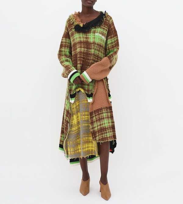 Ottolinger Deconstructed Knit Sweater Dress - Brown/Green Plaid | Garmentory