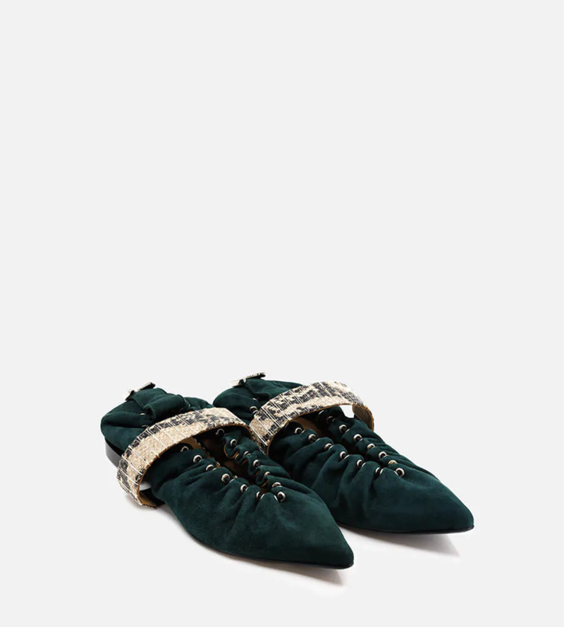 WDLT117 Toga Pulla Snake Print Strap Pointed Flats - Green  