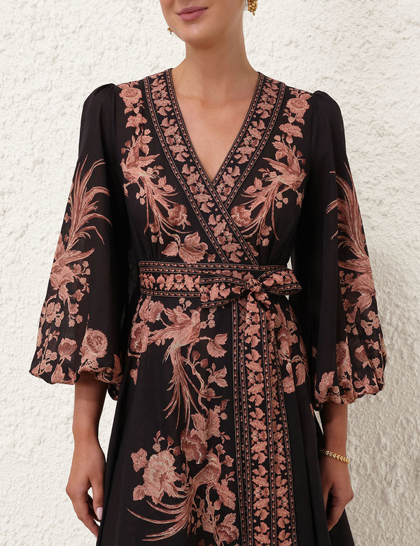 Zimmermann Waverly Wrap Midi Dress - Black Bird Floral | Garmentory Zimmermann Waverly Wrap Midi Dress - Black Bird Floral | Garmentory