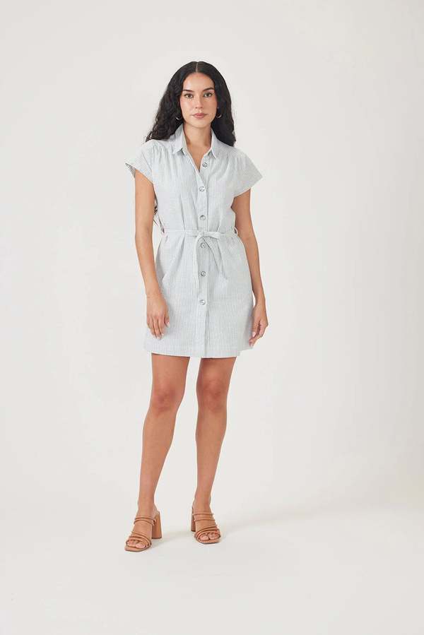 Cameo Belted Seersucker Dress - Sage Green | Garmentory