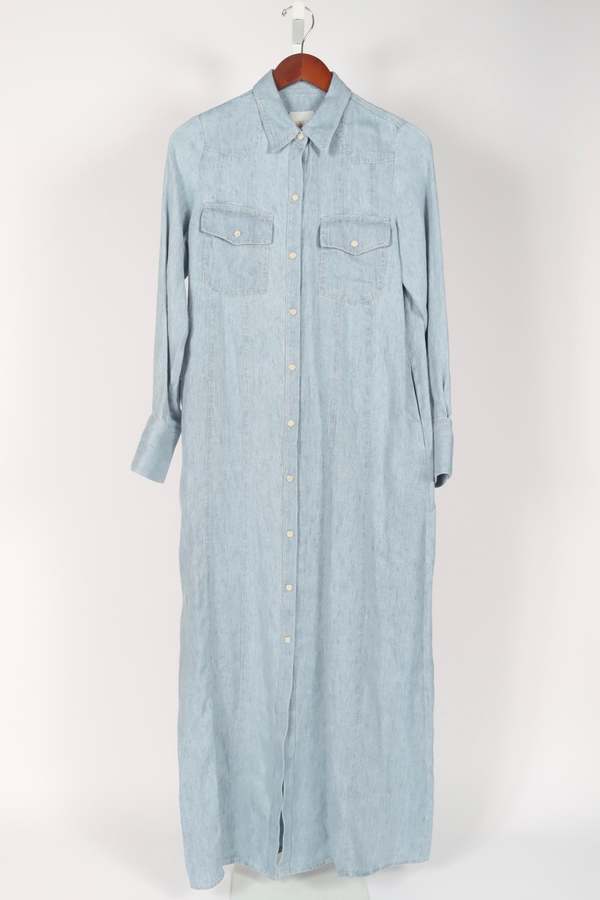 twp denim dress Maxi Dress Denim Shift Dress With Pockets TWP Women's Cowboy Maxi Dress With Snaps In Denim