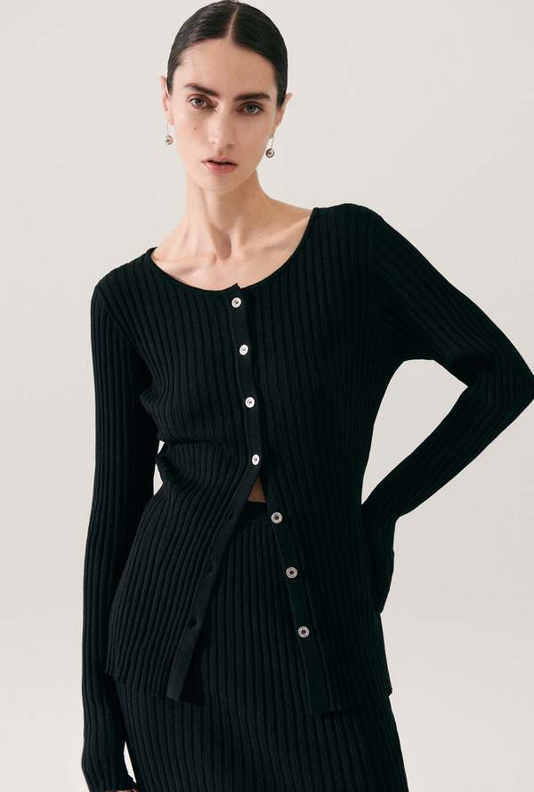 Silk Laundry Ribbed Cardigan - Black
