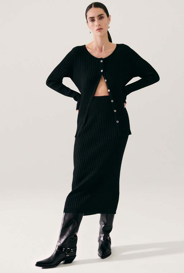 Silk Laundry Ribbed Straight Skirt - Black