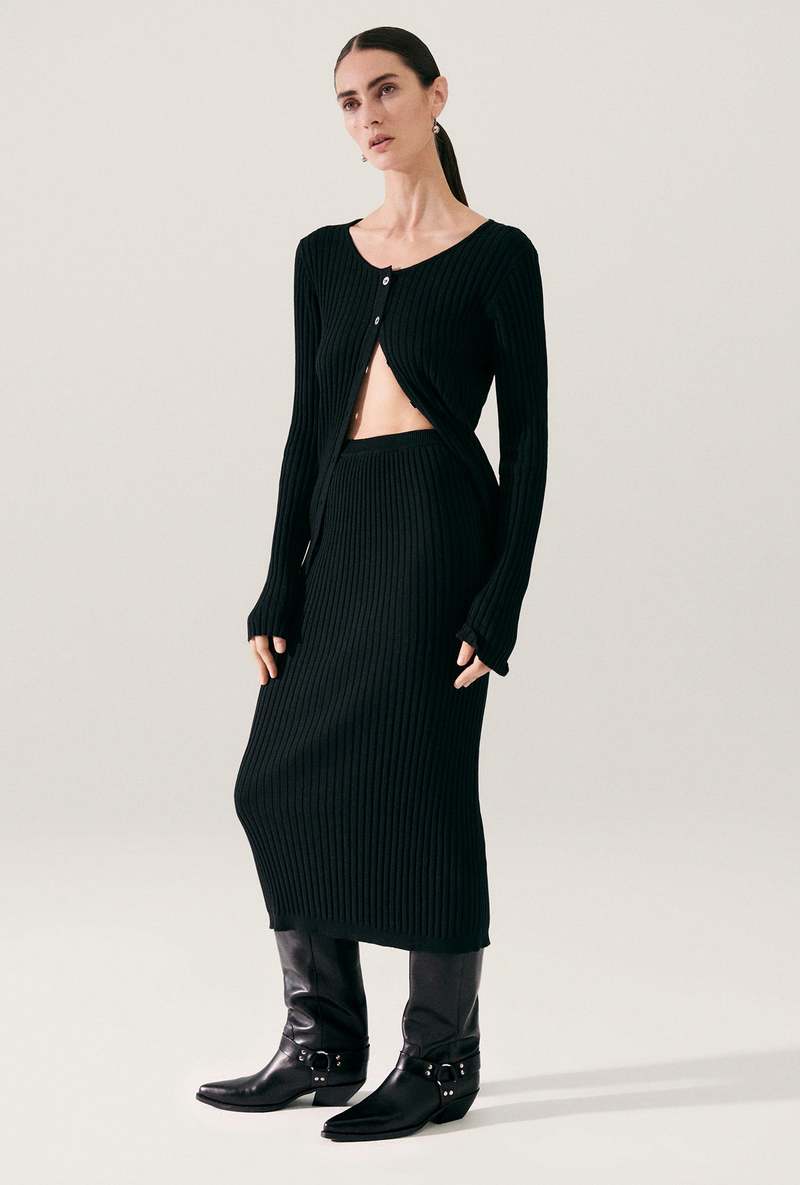 Silk Laundry Ribbed Straight Skirt - Black