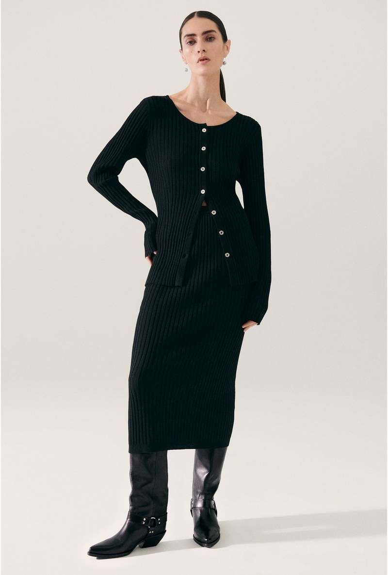 Silk Laundry Ribbed Straight Skirt - Black