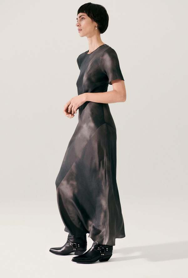 Silk Laundry Short Sleeve Bias Dress - Smoke Silk Laundry Short Sleeve Bias Dress - Smoke