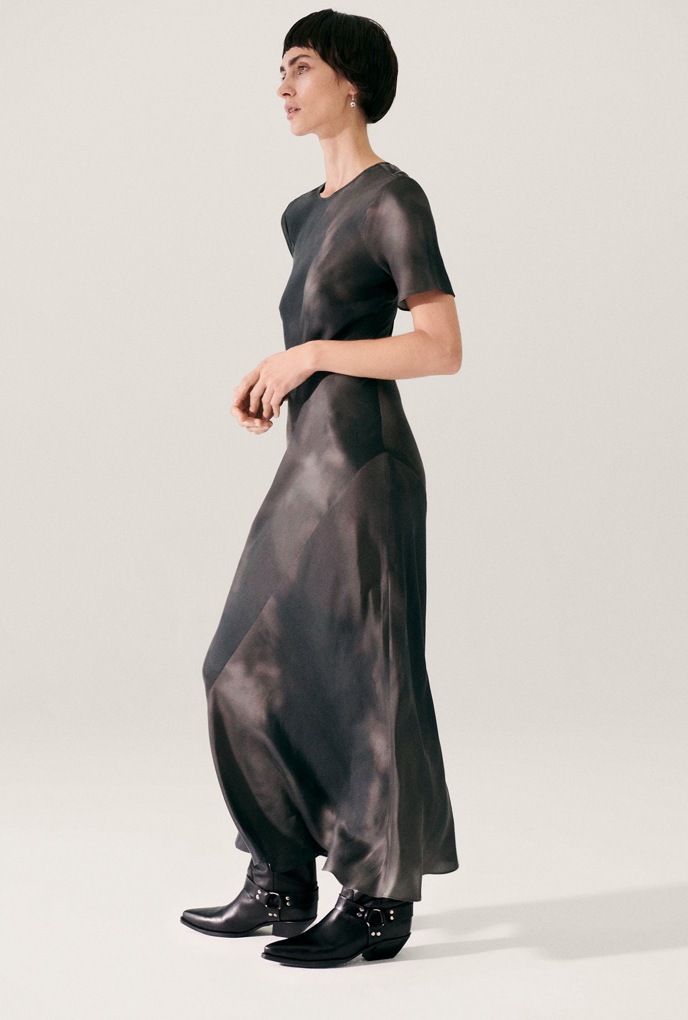 Silk Laundry Short Sleeve Bias Dress - Smoke | Garmentory