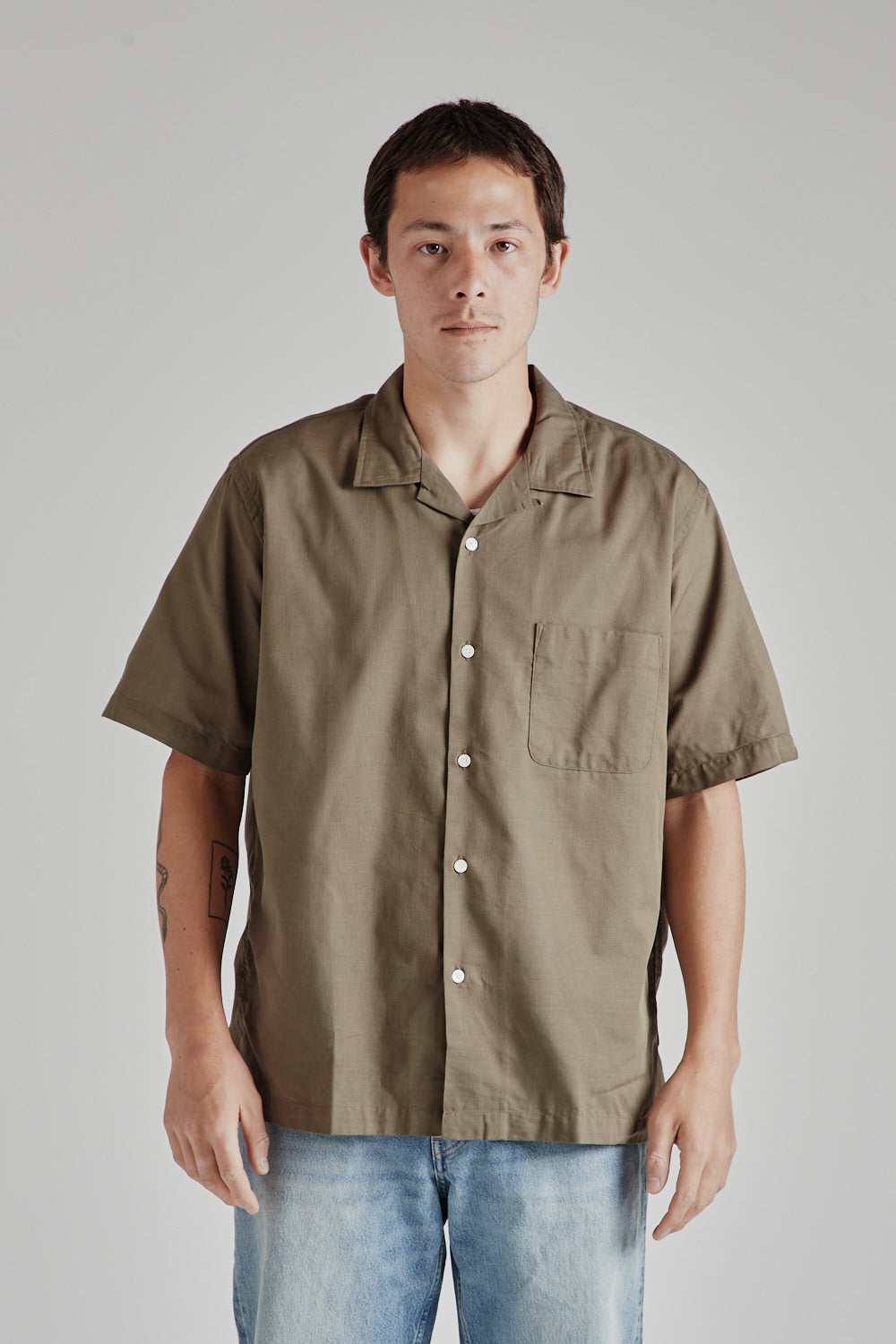 Nanamica Open Collar Panama S S Shirt - Taupe | Garmentory