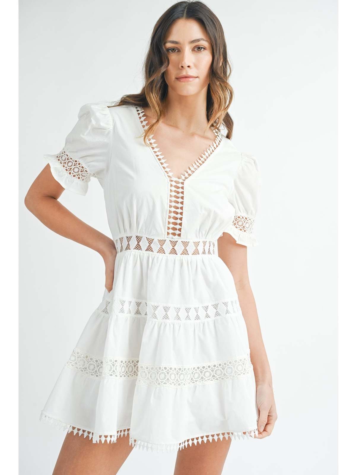 Mable Rey Lace Trim Mini Dress Off White