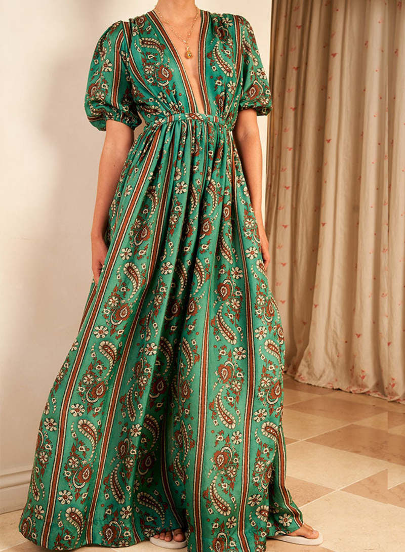 green emerald velvet dress Linen Long Sleeve Loose Dress main image 0
