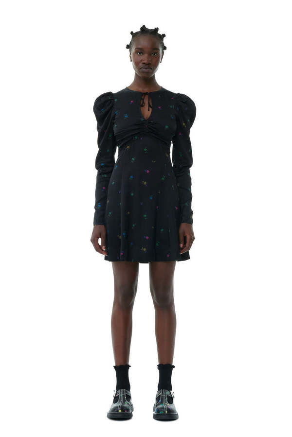 Ganni Printed Satin LS Mini Dress - Floral Printed Satin | Garmentory