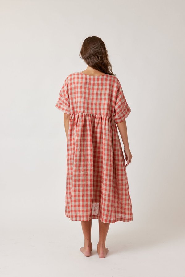 Amente Drop Sleeve Loose Fit Linen Dress - Gingham