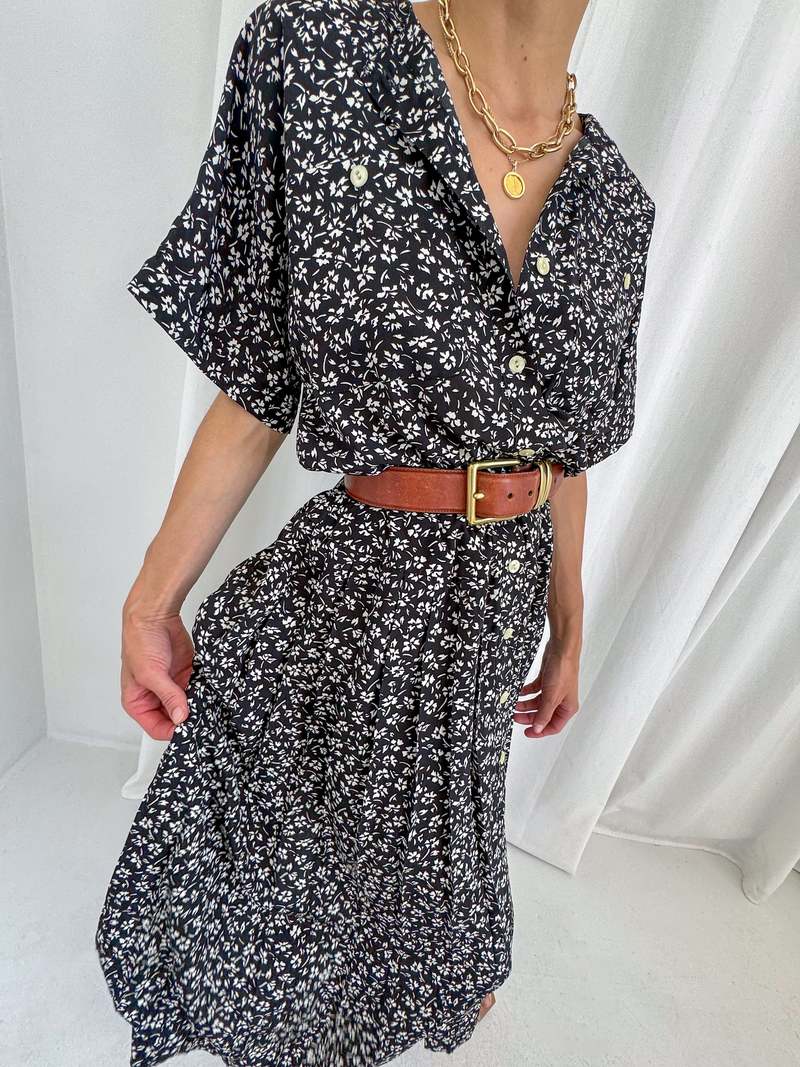 Vintage 90s Short Sleeve Maxi Summer Dress - Noir/Blanc | Garmentory