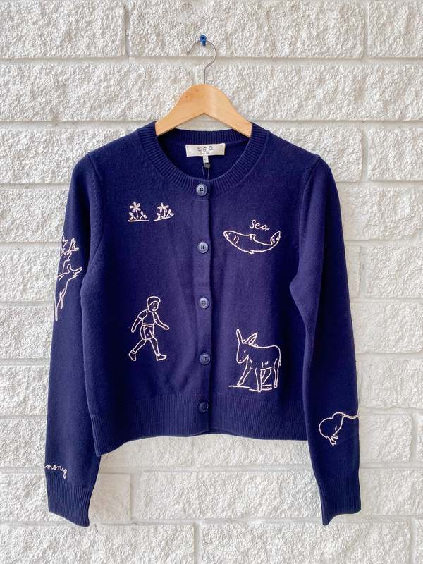 Sea NY Demi French Workwear Knit L/Slv Cardigan - Navy