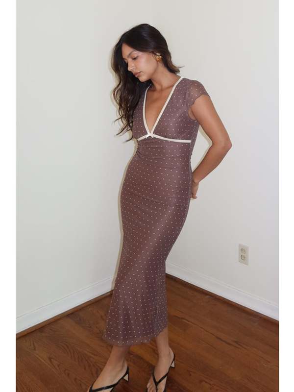 The Workshop Etclet Betsy Polka Dot Mesh Midi Dress - Cocoa | Garmentory