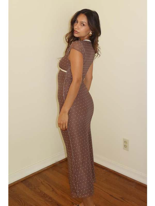 knee length dresses for ladies Black Polka Dot Long Sleeve Mesh Midi Dress main image 1