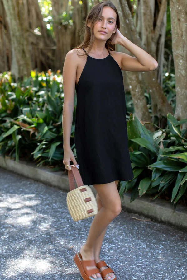 Emerson Fry High Neck Short Dress - Black Linen | Garmentory