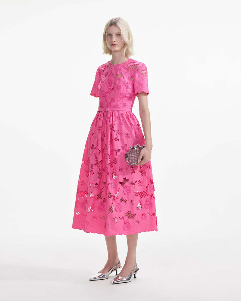 Self-Portrait Pink Cotton Lace Midi Dress - Pink | Garmentory Self-Portrait Pink Cotton Lace Midi Dress - Pink | Garmentory