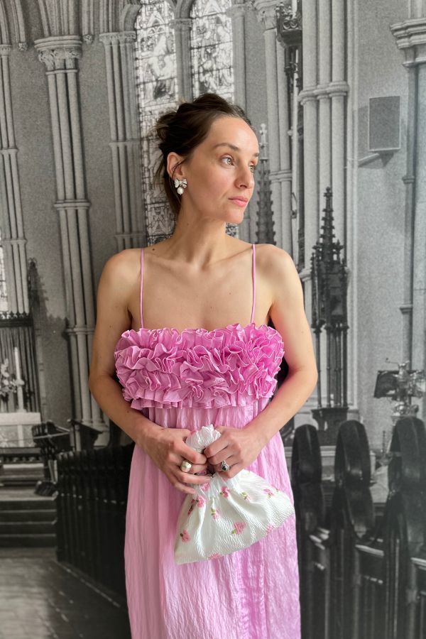 open lace back dress Ganni // Pink Marled Ribbed Knit Midi Dress  VSP Consignment