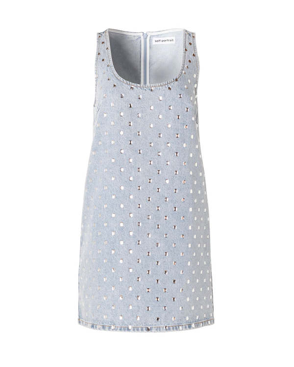 Self-Portrait Square Rhinestone Denim Mini Dress | Garmentory