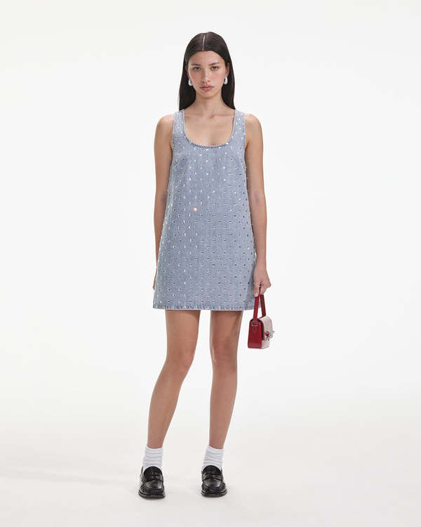 self-portrait square rhinestone denim mini dress Self-Portrait Square Rhinestone Denim Mini Dress
