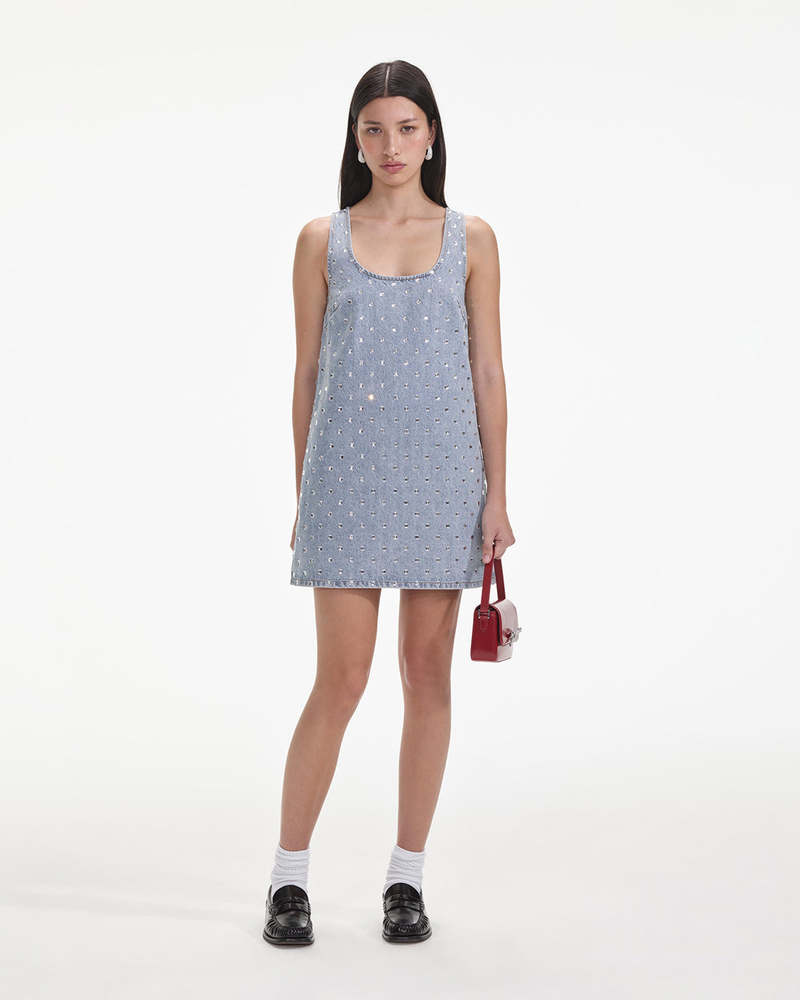 Self-Portrait Square Rhinestone Denim Mini Dress | Garmentory