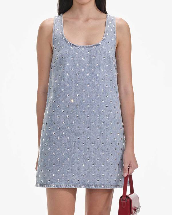 self-portrait square rhinestone denim mini dress self-portrait - Rhinestone Croc Effect Denim Mini Dress