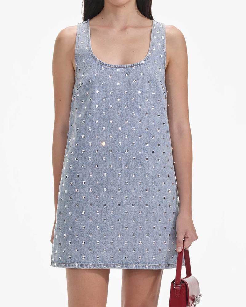 Self-Portrait Square Rhinestone Denim Mini Dress | Garmentory