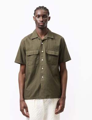 Beams Plus Cotton/Linen Open Collar Panama Shirt - Olive Green