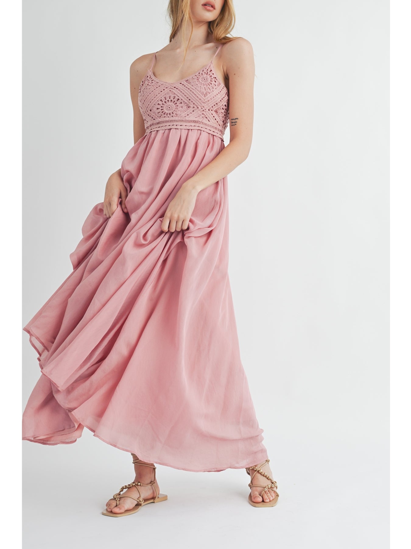 Mable Ambrose Crochet Cami Bodice Maxi Dress - Dusty Rose | Garmentory