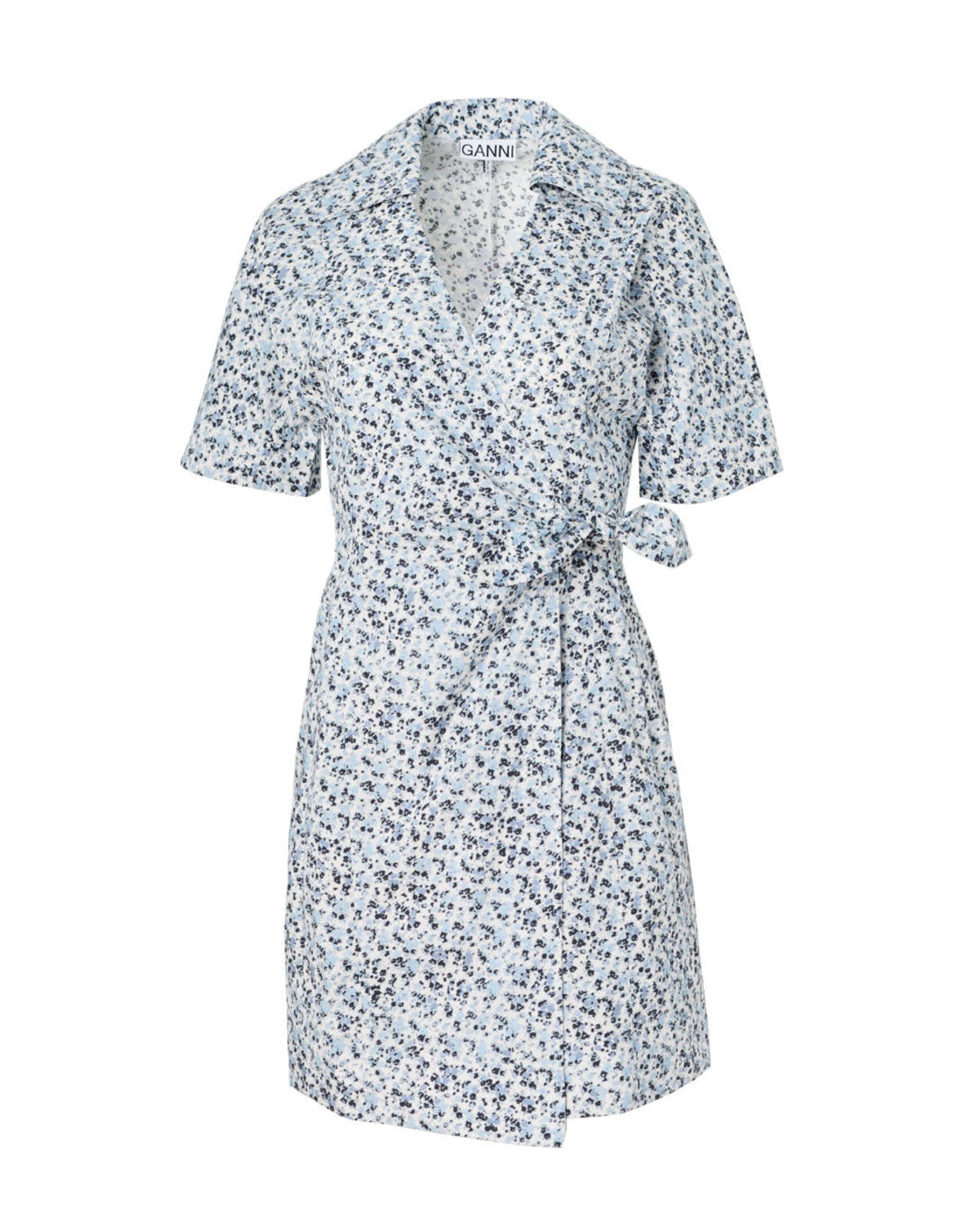 ganni blue floral wrap dress Printed Cotton Mini - Blue Floral Print Size:5XLT smock bodice Tahiti Elegant Long Black Prom