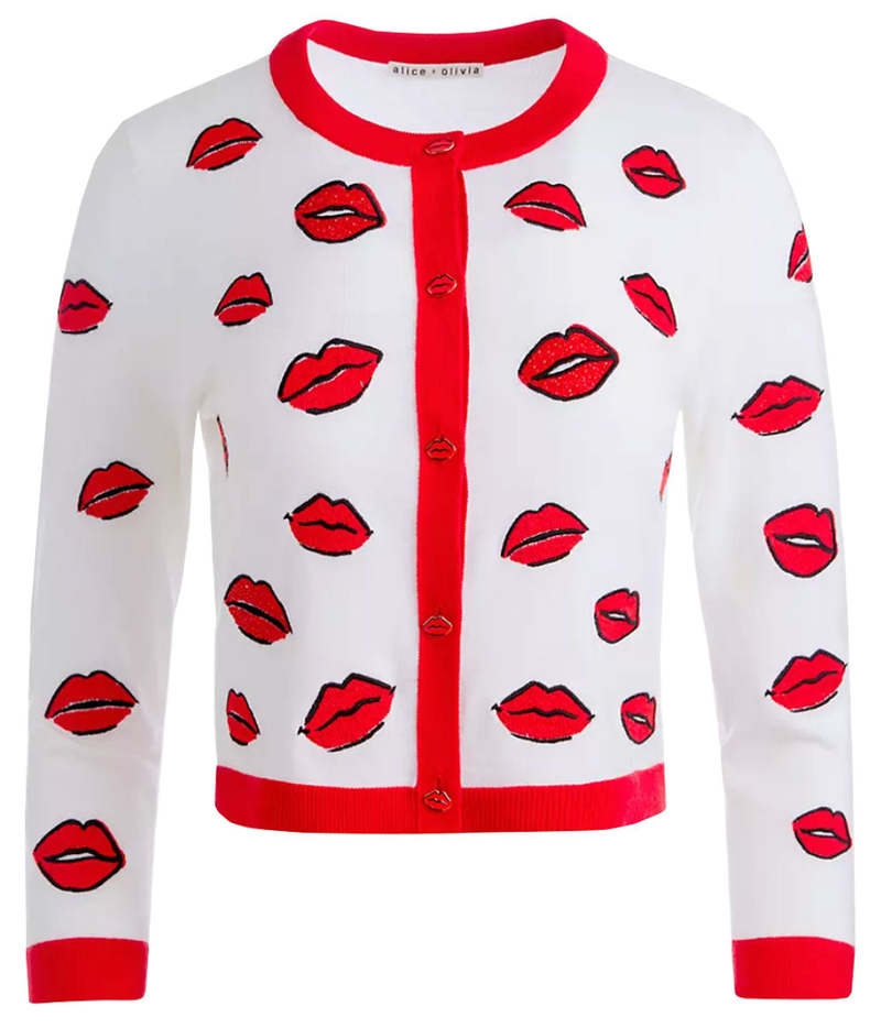 Alice + Olivia Daroda Kiss Crewneck Sleeve Cropped Cardigan - Soft White Multi Alice + Olivia Daroda Kiss Crewneck Sleeve Cropped Cardigan - Soft White Multi
