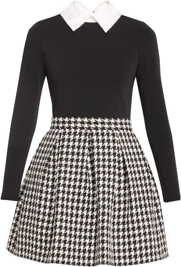 Alice + Olivia Chara Long Sleeve Pleated Dress with - Collar Black/Off White | Garmentory Alice + Olivia Chara Long Sleeve Pleated Dress with - Collar Black/Off White | Garmentory
