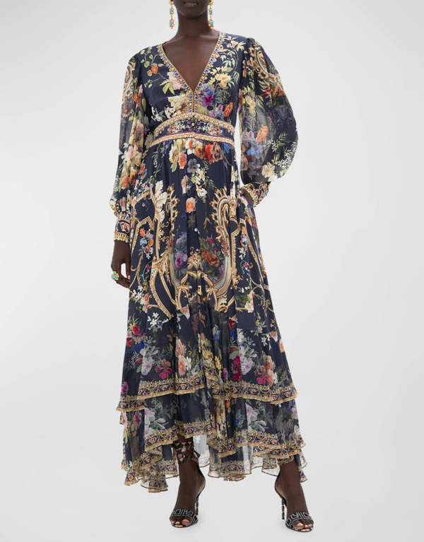 Camilla Long Button-Front Tiered Silk Dress - Play Your Cards Right |  Garmentory