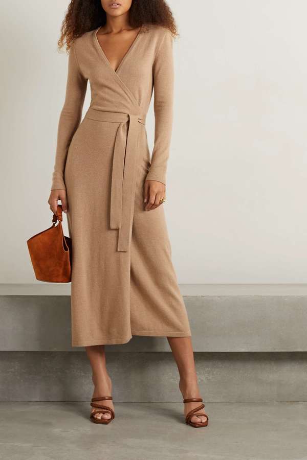 Diane Von Furstenberg Astrid Wool Cashmere Wrap Midi Dress Camel