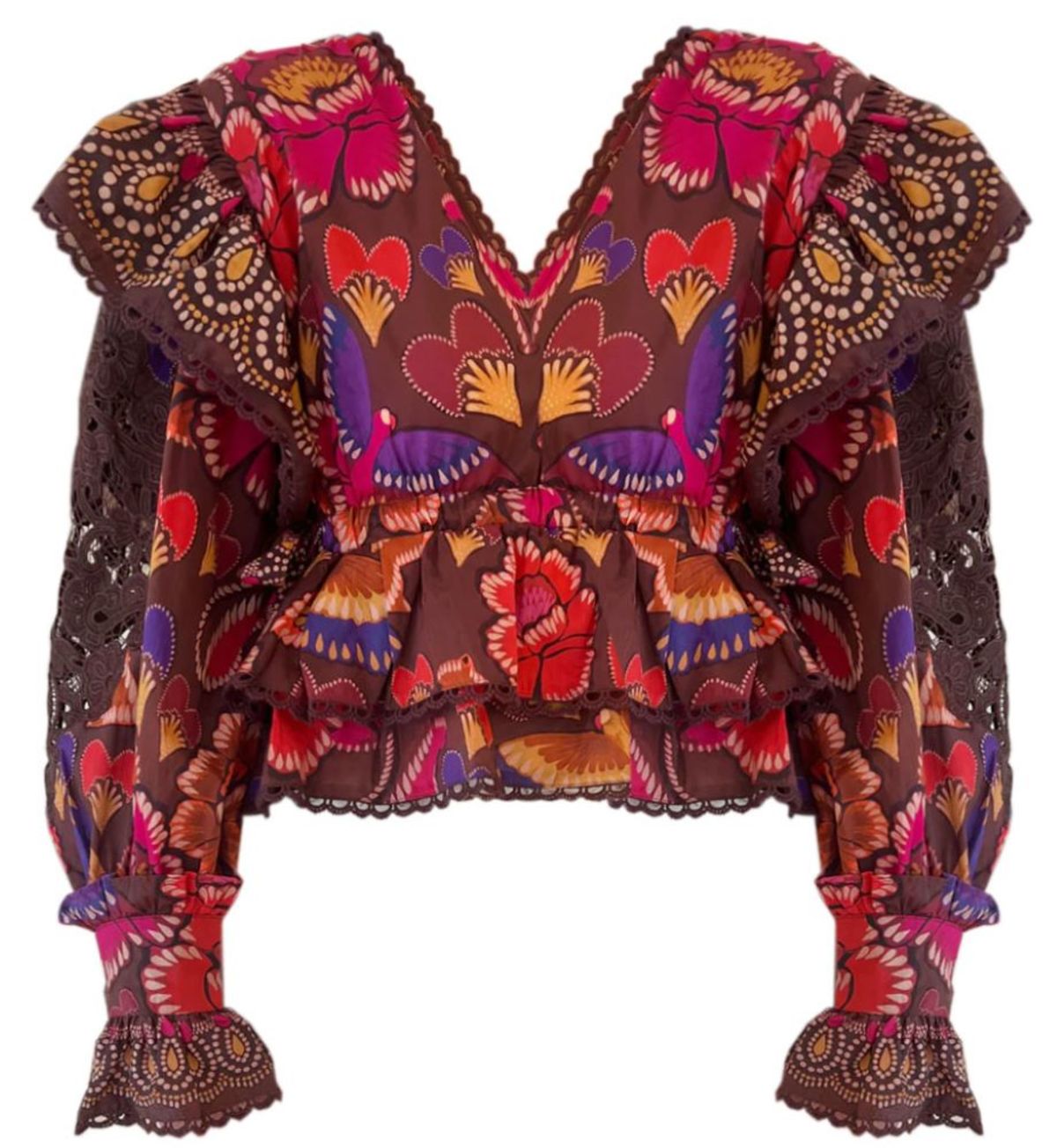 Farm Rio Women Bright Flora Brown Ruffle V-Neck Top Blouse - Multicolor | Garmentory Farm Rio Women Bright Flora Brown Ruffle V-Neck Top Blouse - Multicolor | Garmentory
