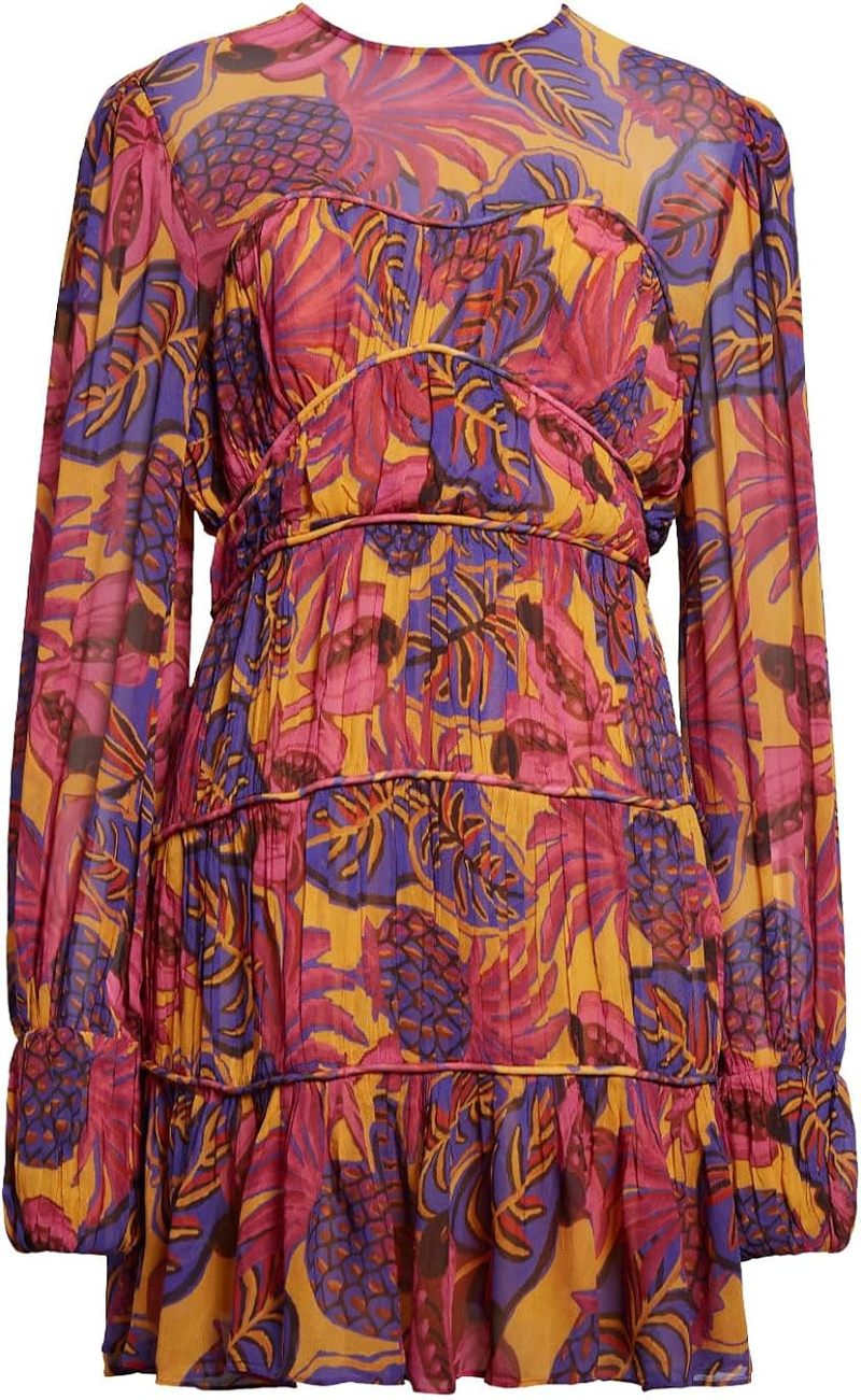 yellow fruit dream long sleeve mini dress FARM Rio Fruit Dream Yellow Long Sleeve Mini Dress