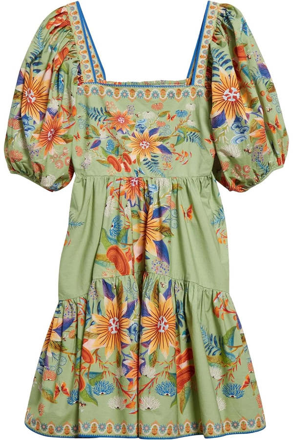 Farm Rio Women's Bright Yard Ruffle Hem Puff Sleeve Minidress - Bright Yard  Green on Garmentory
