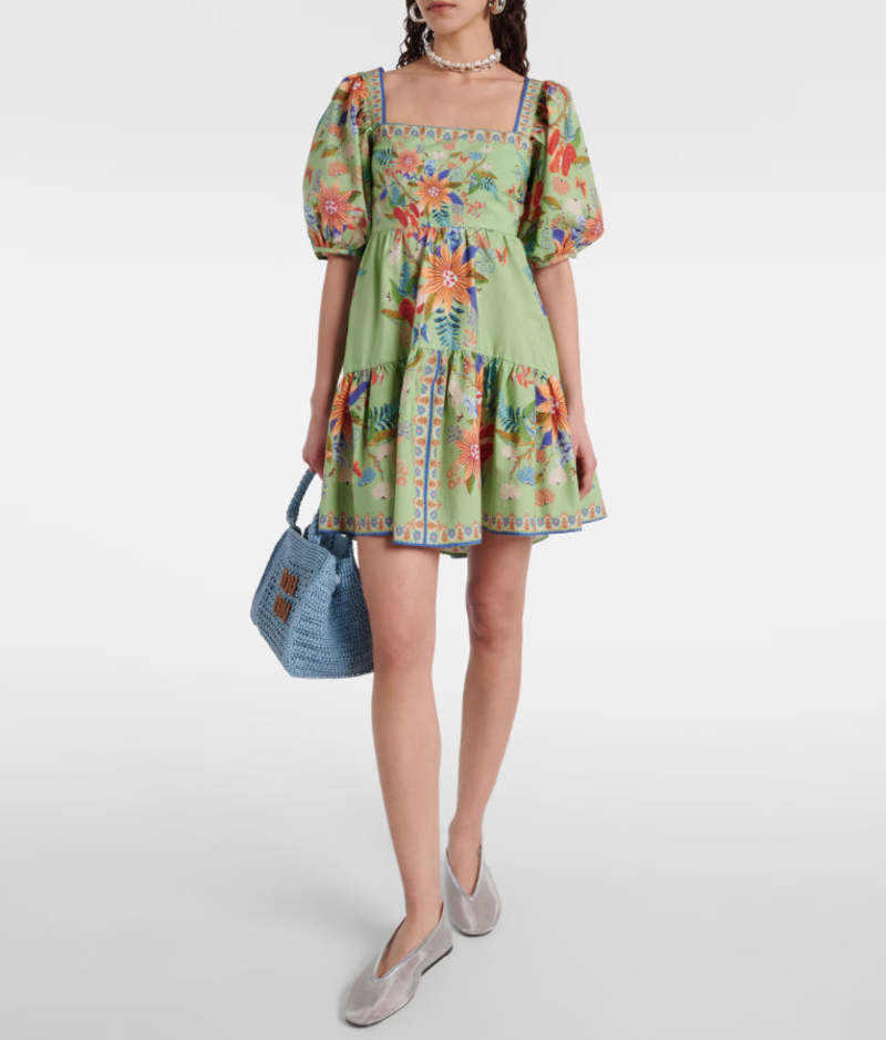 farm rio green bright yard mini dress Farm Rio Women's Bright Yard Ruffle Hem Puff Sleeve Minidress