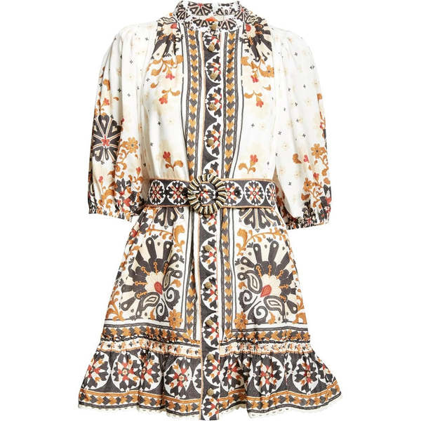 Farm Rio Women's Flower Fan Tapestry Print Puff Sleeve Belted Mini Shirt  Dress - Flower Fan Tapestry Off-White | Garmentory